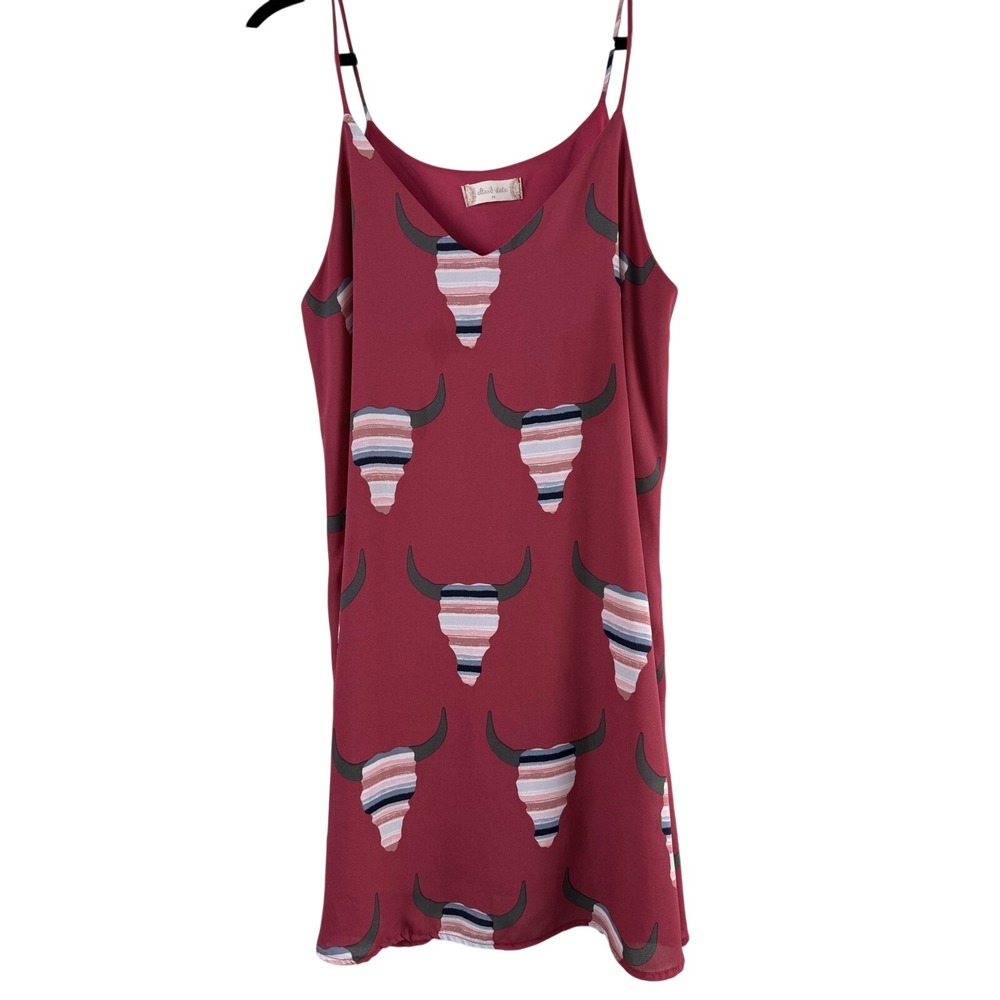 Altar'd State Womens Burgundy Bull Skull Print V-Neck Mini‎ Slip Dress Size M